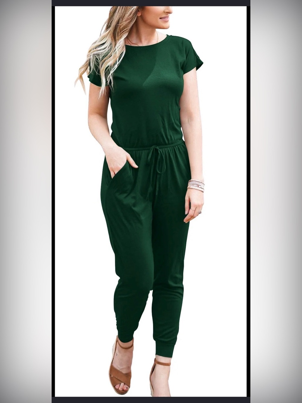 Women's Forest Green Short-Sleeve Drawstring Jumpsuit